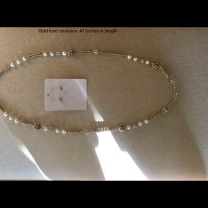 Gold tone necklace with rhinestones and faux pearl necklace w/ matching earrings